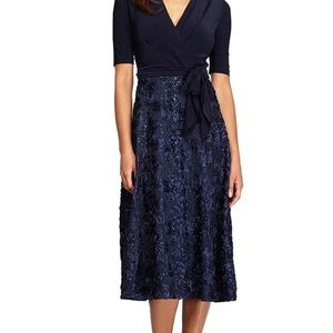 Alex Evenings Petite Tea-Length Lace/Jersey Dress Rosette Lace Skirt & Tie Belt
